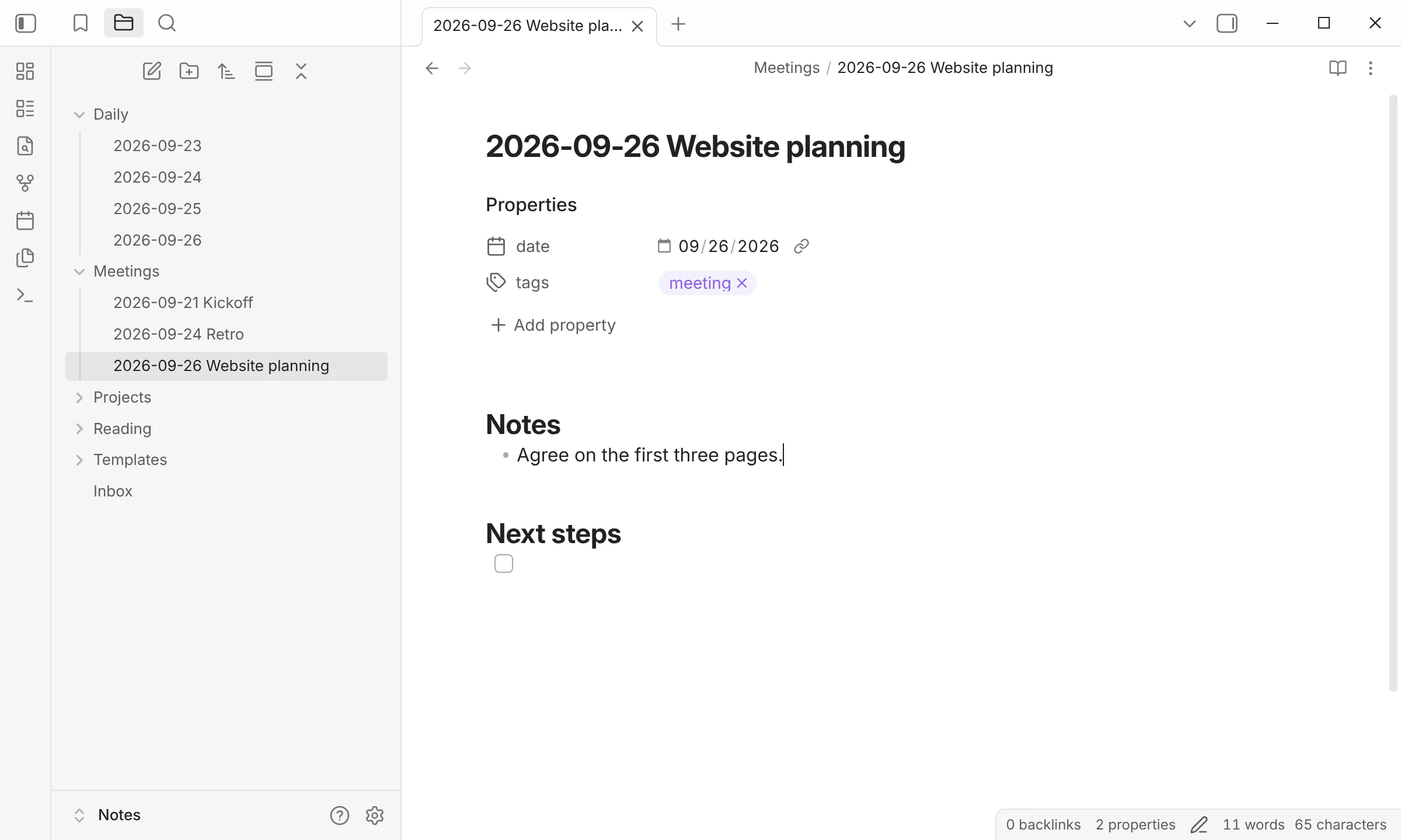 A new note, 2026-09-26 Website planning, in the Meetings folder with date and tags properties, and the first line typed under Notes.